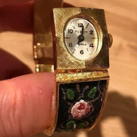 Vintage Pilgrim Hinged Bangle Flower Rose Watch main image 4